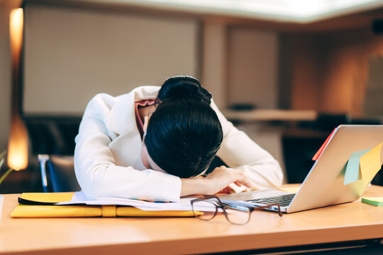 Business Asian Woman Sleep Rest From Work In The Office