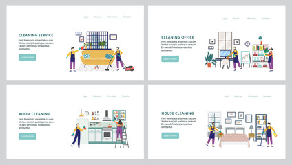 Set banners for cleaning company site with cleaners flat vector illustration.