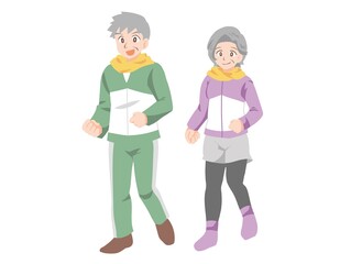 健康の為、仲良くジョギングする高齢夫婦のイラスト