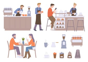 Coffee shop set with visitors and barista flat vector illustration isolated.