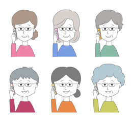 Middle aged women wearing glasses on the phone with their friends. Vector illustration isolated on white background.