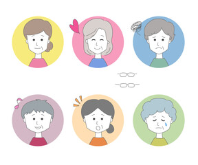 Expressive profile pictures of different middle aged women. Set of vector icon isolated on white background.