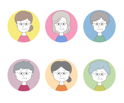 Icon set of profile pictures of different middle aged women wearing glasses. Vector icon isolated on white background.