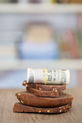 Black bread and yen banknotes