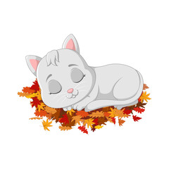 Cute cat sleeping on autumn leaves