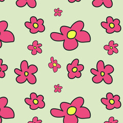 Hand-drawn doodle pattern with red flowers for web design, textile and wrapping. Vector background