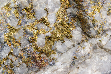 Molybdenite ore in granite. Minerals - molybdenite, pyrite, chalcopyrite, white quartz. Inclusions of gold and silver. Sorskoe deposit, Khakassia, Russia. Selective focus.