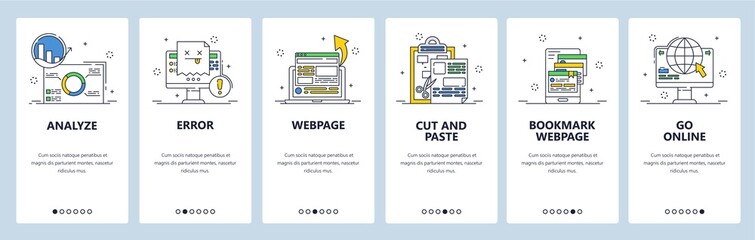 Website analysis, error, bookmark menu. Go online. Mobile app onboarding screens, vector website banner template.