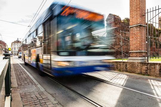 Public Bus Moving in the City of Turin, Italy