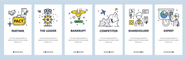 Business partner, leader, competitor, shareholder, expert, bankrupt. Mobile app screens, vector website banner template.