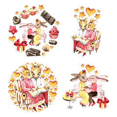 Cute illustration for greeting card or any design for Valentine's. Beautiful watercolor illustration of bunny and mouse in love. Beloved sweet couple. Greeting card for wedding. Love you