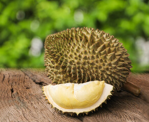 Durian riped and fresh, Durian peel with yellow color on old wood background. king of fruit from...