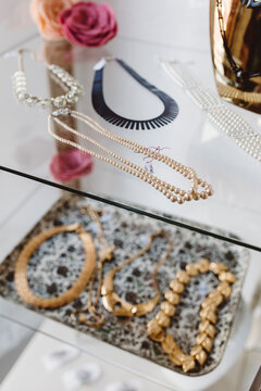 Vintage jewelry on display in cute boutique shop