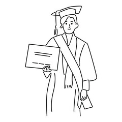 Graduation woman. Line art vector illustration