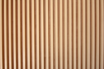 Light brown slats of wood. Lines of wooden slats form a striped texture pattern. Line shaped wood texture - obrazy, fototapety, plakaty
