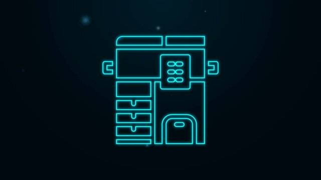 Glowing neon line Office multifunction printer copy machine icon isolated on black background. 4K Video motion graphic animation