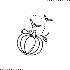 pumpkin with leaves and bats, Halloween holiday vector icon in outline