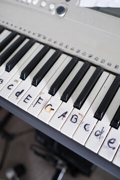 Keyboard with musical notes written on it