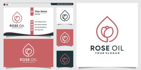 Rose oil logo with simple and cool line art style and business card design template Premium Vector