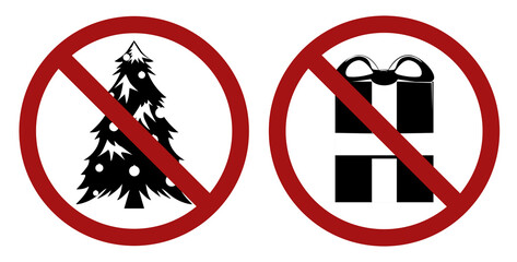 Festive balck silhouette of fir and gift box in prohibition sign. Forbid on celebrations and giving gifts. Ban on Christmas. Vector sign for logos, icons, stickers and your design