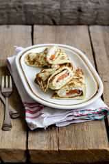 Supper Pancakes with zucchini, salmon and cream cheese.