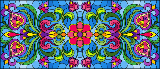 Illustration in stained glass style with abstract  swirls,flowers and leaves  on a blue background,horizontal orientation