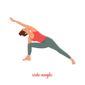 Sporty girl standing in the Extended Side Angle Pose or Utthita Parsvakonasana, in flat cartoon style. Yoga or Pilates concept. Side view. Vector illustration