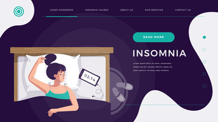 Insomnia landing page. Sleepless young woman suffering from sleep disorder, trying to fall asleep. Blue light from smartphone screen. Character in flat cartoon style, web template vector illustration