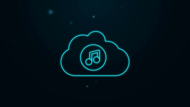 Glowing neon line Music streaming service icon isolated on black background. Sound cloud computing, online media streaming, song, audio wave. 4K Video motion graphic animation