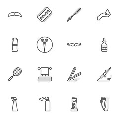 Barber shop supplies line icons set, outline vector symbol collection, linear style pictogram pack. Signs, logo illustration. Set includes icons as shaving razor blade, scissors, hairdressing trimmer