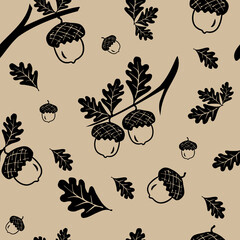 Seamless vector pattern with autumn leaves on colorful background. Oak leaf and acorn drawing pattern. Silhouette. 