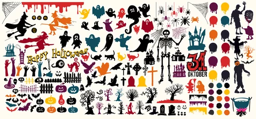 Fototapeten Mega set of halloween silhouettes black, yellow, orange, green icon and character. Collection cartoon vector illustration. Isolated on white background. © Anatoliy