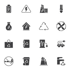 Eco energy vector icons set, modern solid symbol collection, filled style pictogram pack. Signs, logo illustration. Set includes icons as renewable energy, recycling bag, electric car charging station