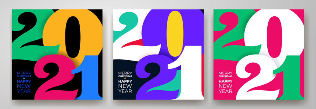 Set of creative concept of 2021 Happy New Year posters. Minimalist design templates with typography logo 2021 for celebration and decoration. Vector trendy backgrounds for branding, banner, cover.