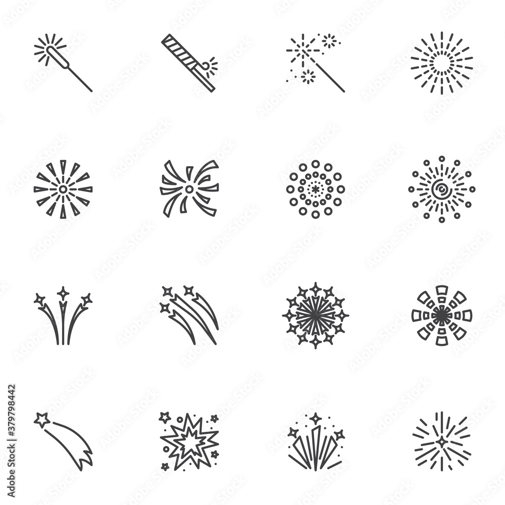 Poster festive fireworks line icons set, outline vector symbol collection, linear style pictogram pack. sig