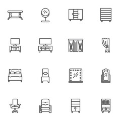 Household furniture line icons set, outline vector symbol collection, linear style pictogram pack. Signs, logo illustration. Set includes icons as curtain, television set, mirror, cupboard, bed, chair