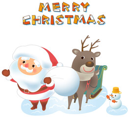 Obraz na płótnie Canvas クリスマスイラスト　サンタとトナカイと雪だるま クリスマスロゴ