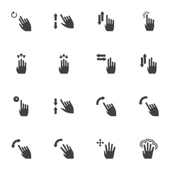 Touchpad gestures vector icons set, modern solid symbol collection, filled style pictogram pack. Signs, logo illustration. Set includes icons as hand touch screen, finger click, swipe up, shuffle tap