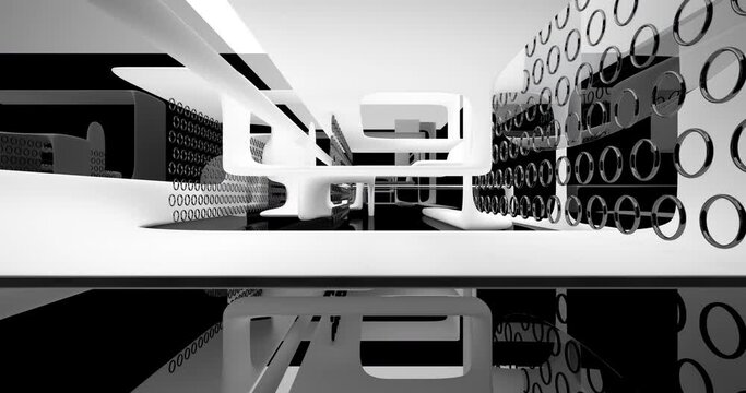 Abstract architectural background from an array of smoothed black shapes in a white interior. 3D animation and rendering.