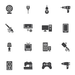Household appliances vector icons set, modern solid symbol collection, filled style pictogram pack. Signs, logo illustration. Set includes icons as electric plug, air conditioner, pc computer, phone