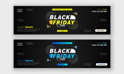 Black friday limited offer in gradient dark background template. Horizontal banner, web, header, sale with yellow, black and blue color.
