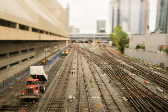 Urban landscape, maintenance work on train tracks, Toronto, Canada.