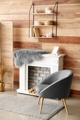 Modern fireplace with shelves in interior of room