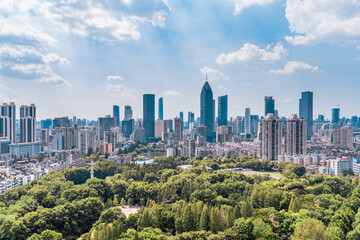 A clear view of the CBD buildings in Northwest Lake, Wuhan, Hubei, China