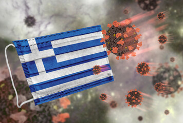 Face mask with flag of Greece, defending coronavirus - 379801815