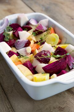 Baking dish with fall vegetables