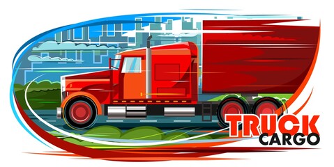 Large cargo truck. Emblem. Isolated vector object on white background. The red car rushes at high speed along the highway. Against the background of the city. Land delivery of goods.