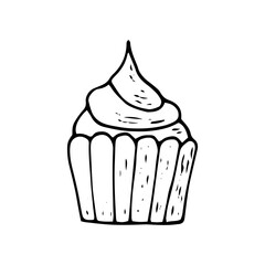 cupcake icon, sticker, card hand drawn vector doodle. sketch, Scandinavian, minimalism, monochrome. single element for design. food, pastries, dessert