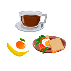 Sandwich with egg and coffee, banana and orange. Healthy breakfast. Vector illustration isolated on white background. For cafes, menus and decor.