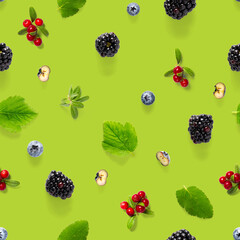 Seamless pattern of wild berries, blackberry, blueberry, lingonberry and bramble. Seamless pattern on green background made from autumn wild berries.